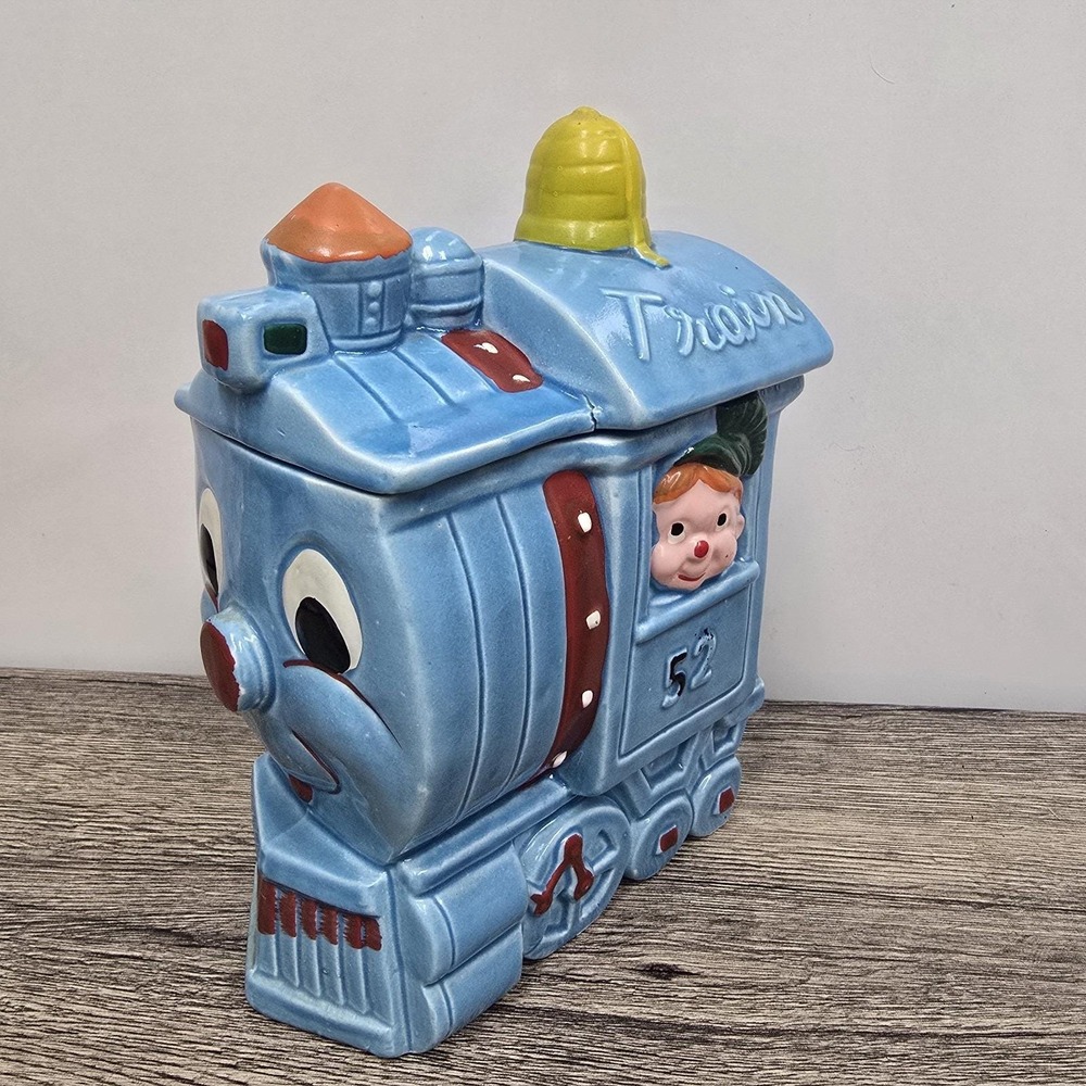 Vintage Blue Train Locomotive W/‎ Face Cookie Jar MCM-JAPAN Train Little Boy